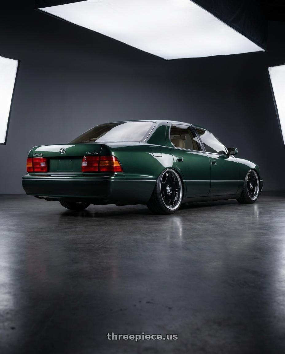 2000 Lexus LS400 Forrest Green with Work Lanvec Ld1 5x114.3 18x8+45 A Disk Black wheels rear three quarter view slight stretch tires