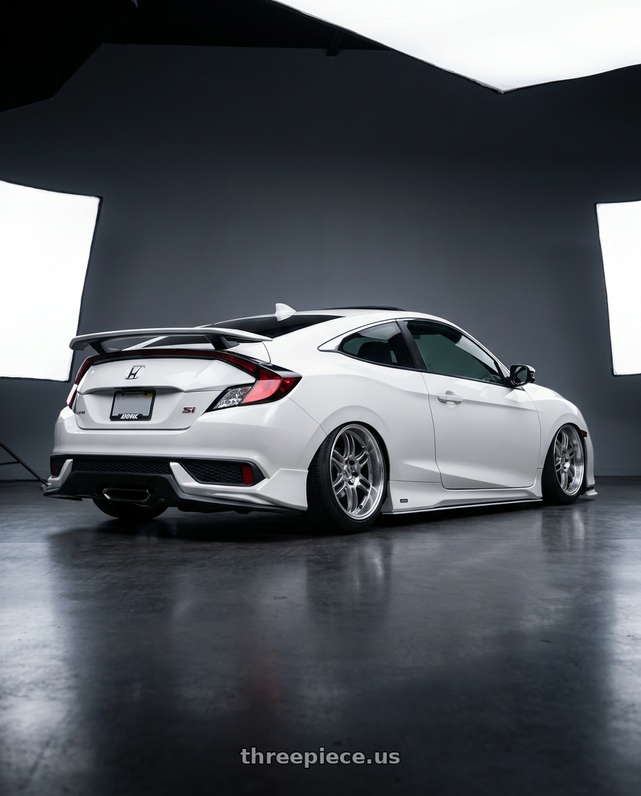 2019 honda civic Si coupe 2dr with Work Emotion D9r 5x100 18x9.5 +30 Gt Silver Rim Cut wheels rear three quarter view slight stretch tires