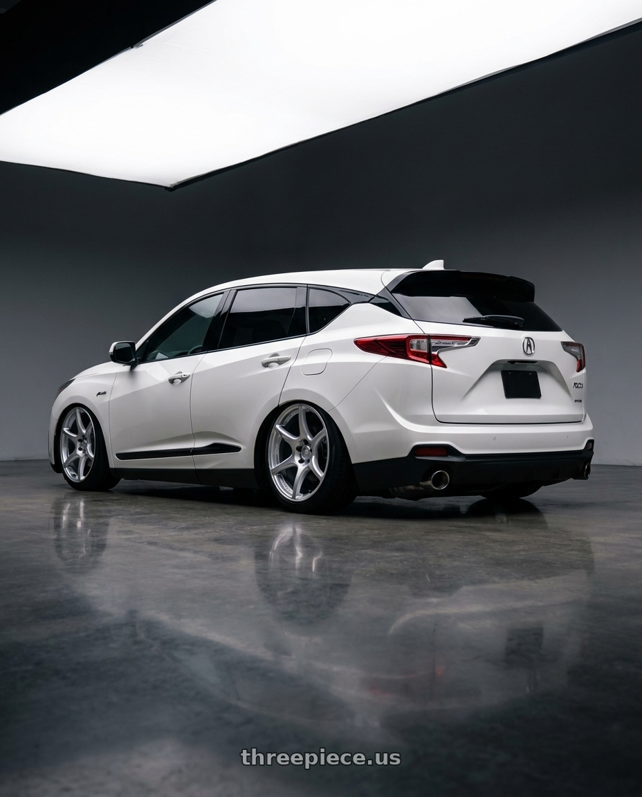 2022 Acura Rdx White with Kansei K11S Tandem 5x114.3 19x9.5 22 Hyper Silver wheels rear three quarter view slight stretch tires
