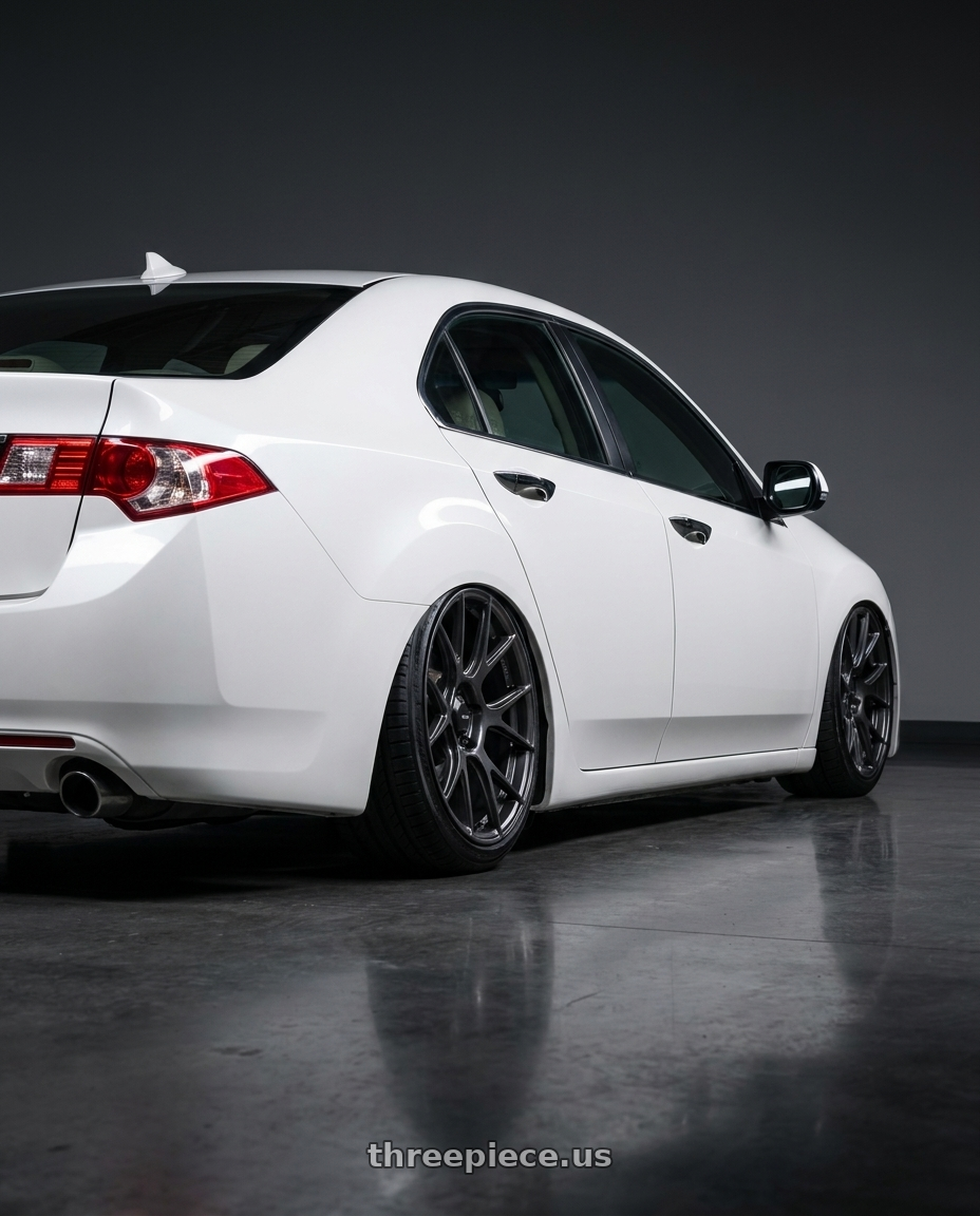 2013 Acura TSX with Konig Ampliform 5x114.3 18x8.5+45 Dark Metallic Graphite wheels rear three quarter view slight stretch tires