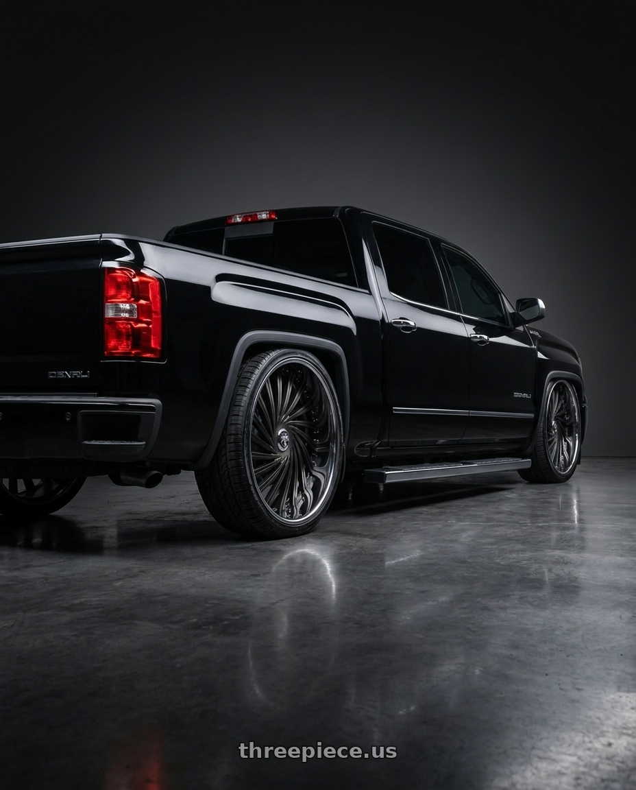 2014 GMC sierra denali with DUB 2PC S241 DAZED 5X120.65/5X127 28X9 +5 MATTE BLACK DOUBLE DARK TINT wheels rear three quarter view square tires