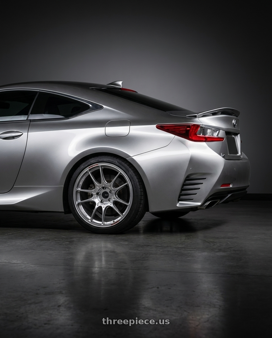 2016 Lexus RC 350 F Sport with Enkei GTC02 5x112 19x9.5+27 Hyper Silver wheels rear three quarter view square tires