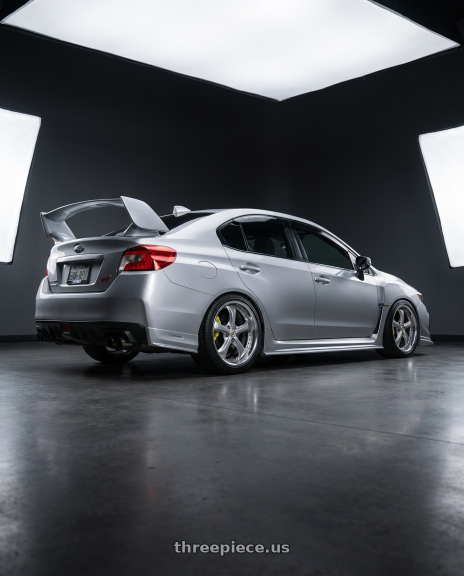 2021 Subaru WRX STI with Work Wheels VS-KF 5x114.3 18x9.5+47 Light Grey Silver A Disk FULL REVERSE wheels rear three quarter view square tires