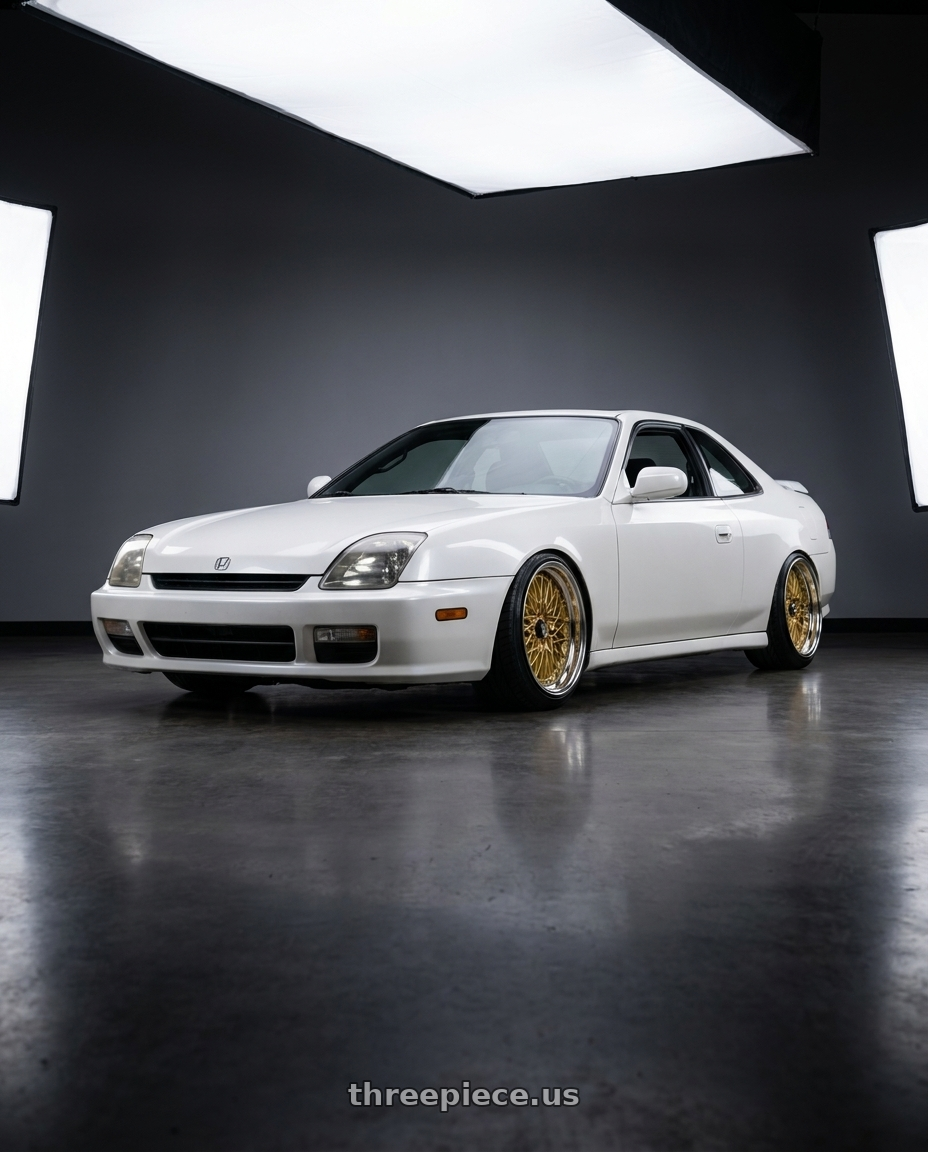 2000 Honda Prelude with SSR Formula MESH 5x114.3 19X9.5+25 HP Disk Fm Gold wheels front three quarter view lowered stance