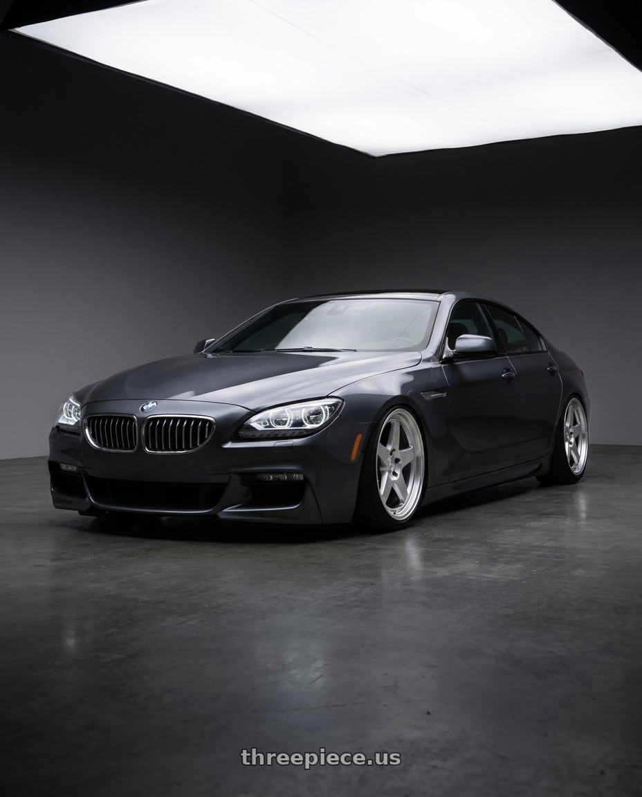 2015 BMW 640i Gran Coupe with Kansei K12H KNP 5X120 17x9 35 Hyper Silver wheels front three quarter view stanced stance