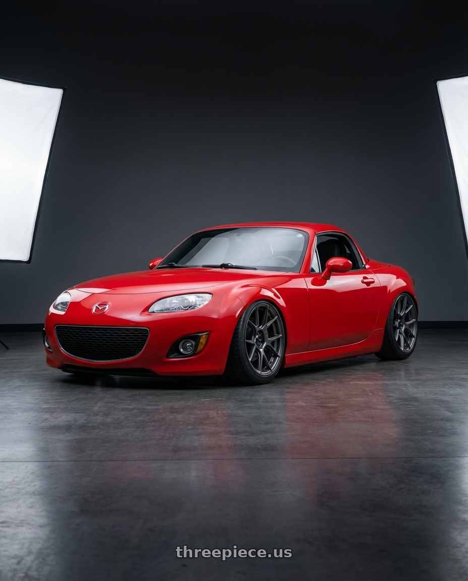 2012 Mazda MX-5 Miata NC with Konig Ampliform 5x114.3 17x9+40 Dark Metallic Graphite wheels front three quarter view stanced stance