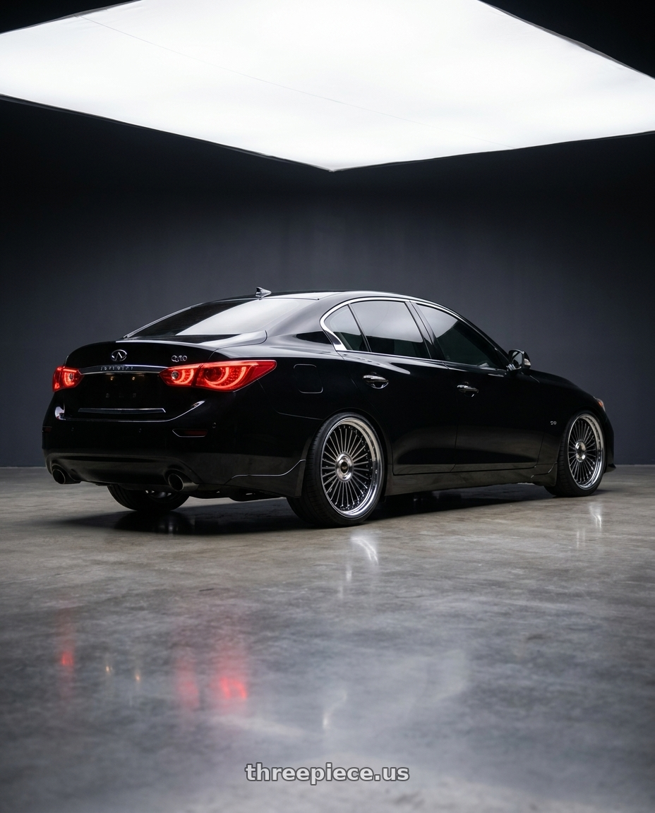 2015 INFINITI Q50 with Work Emitz Black Polish 5x114.3 19x10.5 +0 wheels rear three quarter view square tires