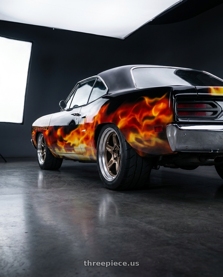 1970 Plymouth Roadrunner with Volk Racing 21C SPEC-SR 5x114.3 18x9.5 +30 SHINING BRONZE METAL / RIM DC wheels rear three quarter view meaty tires