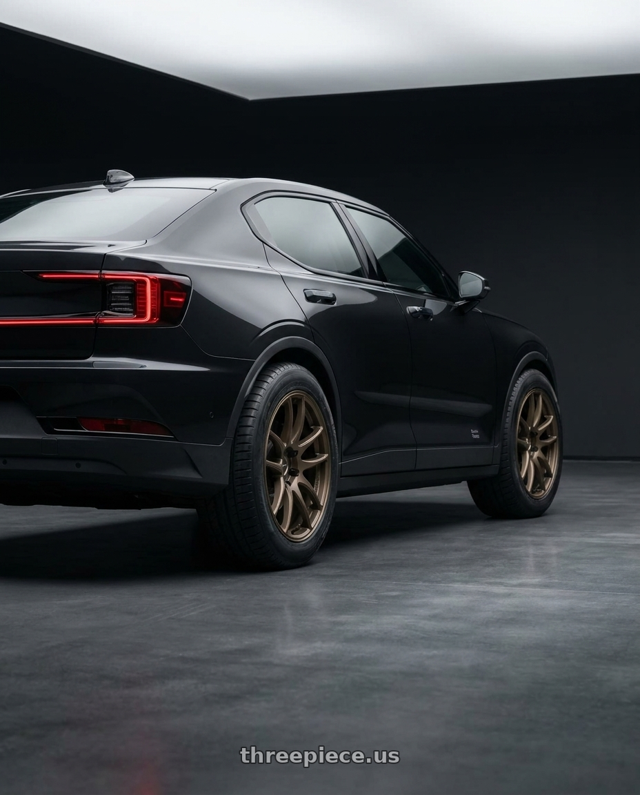 2026 Polestar 2 with Work Emotion Cr Kiwami 5x108 18x9.5 +38 Matte Bronze wheels rear three quarter view meaty tires