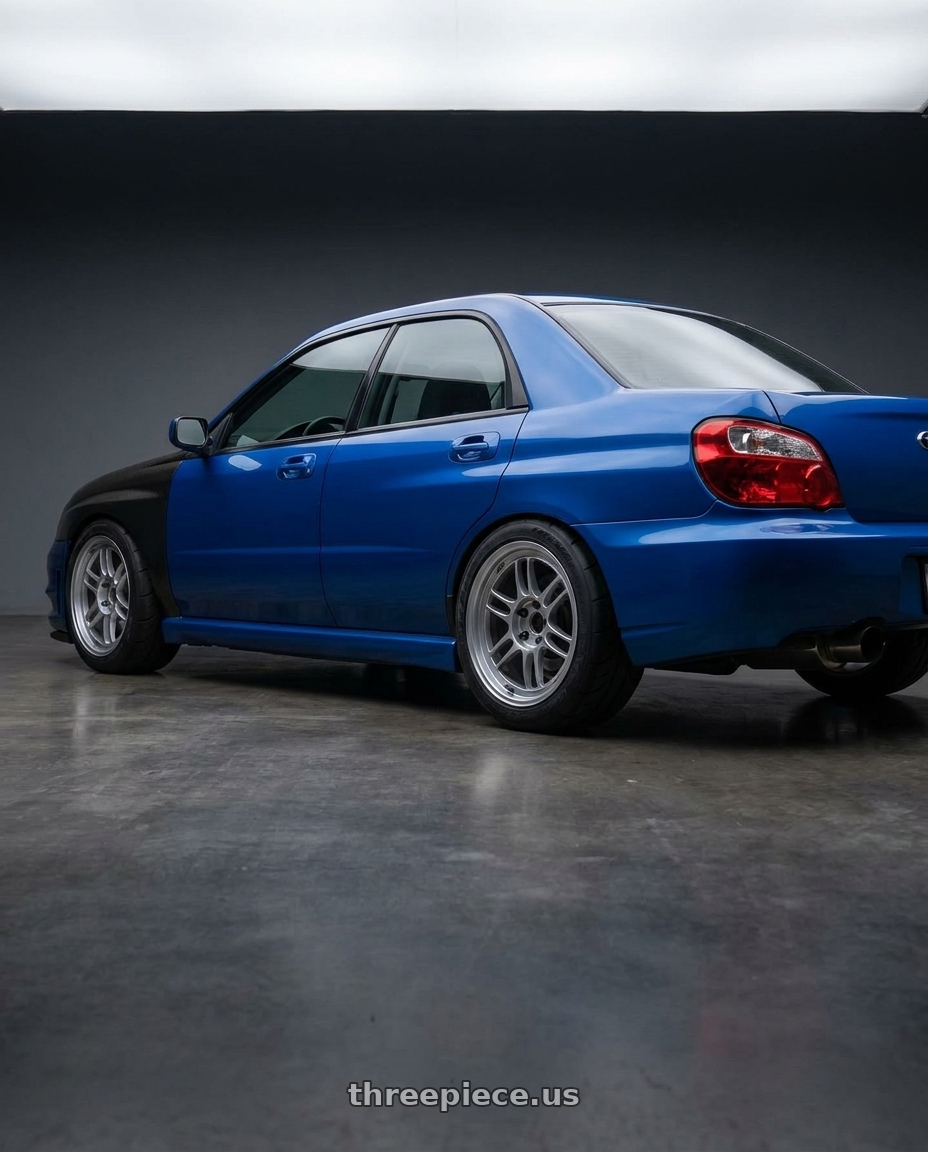 2007 Subaru wrx with Enkei RPF1 5x100 18x9.5+38 Silver wheels rear three quarter view meaty tires