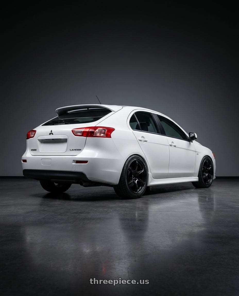2014 Mitsubishi Lancer Sportback with Advan RGIII 5x114.3 18x8.5+31 Gloss Black wheels rear three quarter view square tires