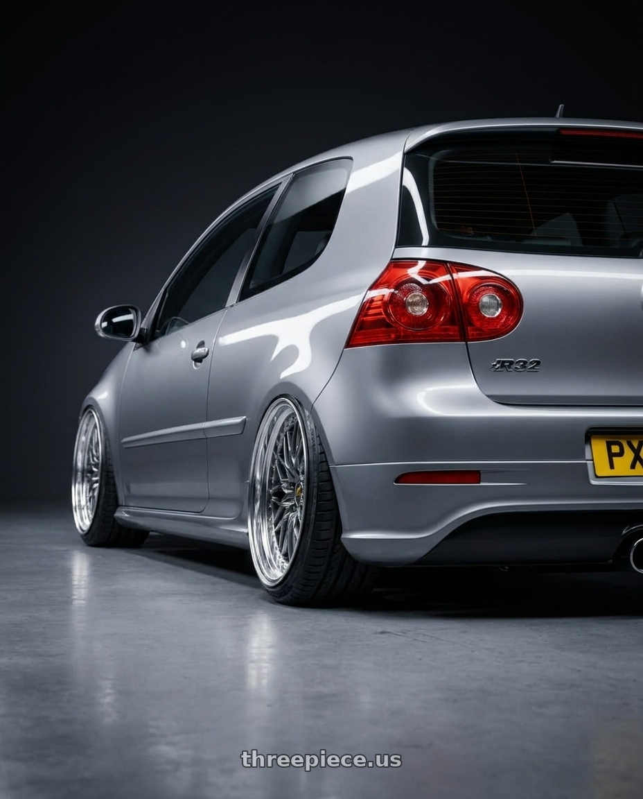 2009 VW Golf R32 with Work Vs-Xv 5x100 18x9.5+40 O Disk Brilliant Silver Black wheels rear three quarter view extreme stretch tires