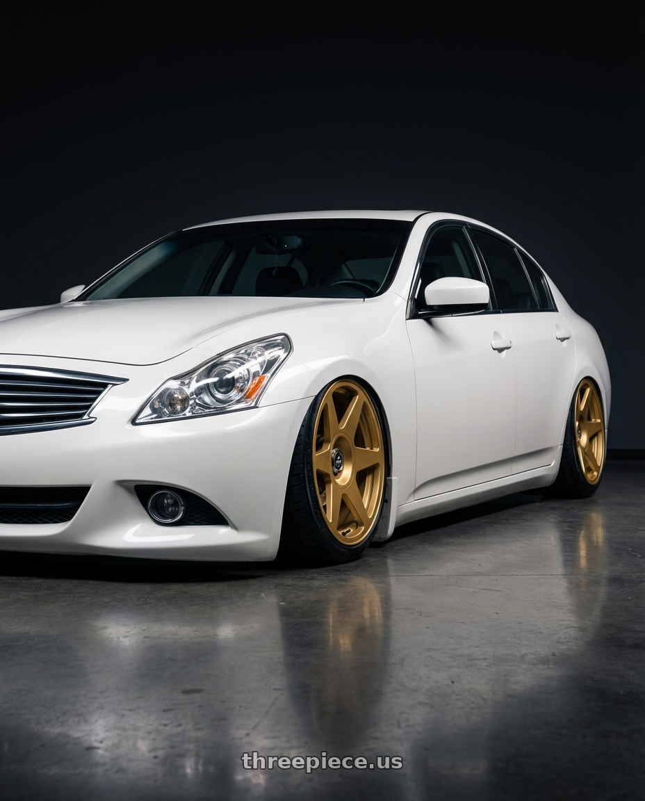2012 Infiniti G37 with fifteen52 TARMAC EVO 5x114.3 / 5x120 19x8.5 +35 GOLD (GLOSS GOLD) wheels front three quarter view stanced stance