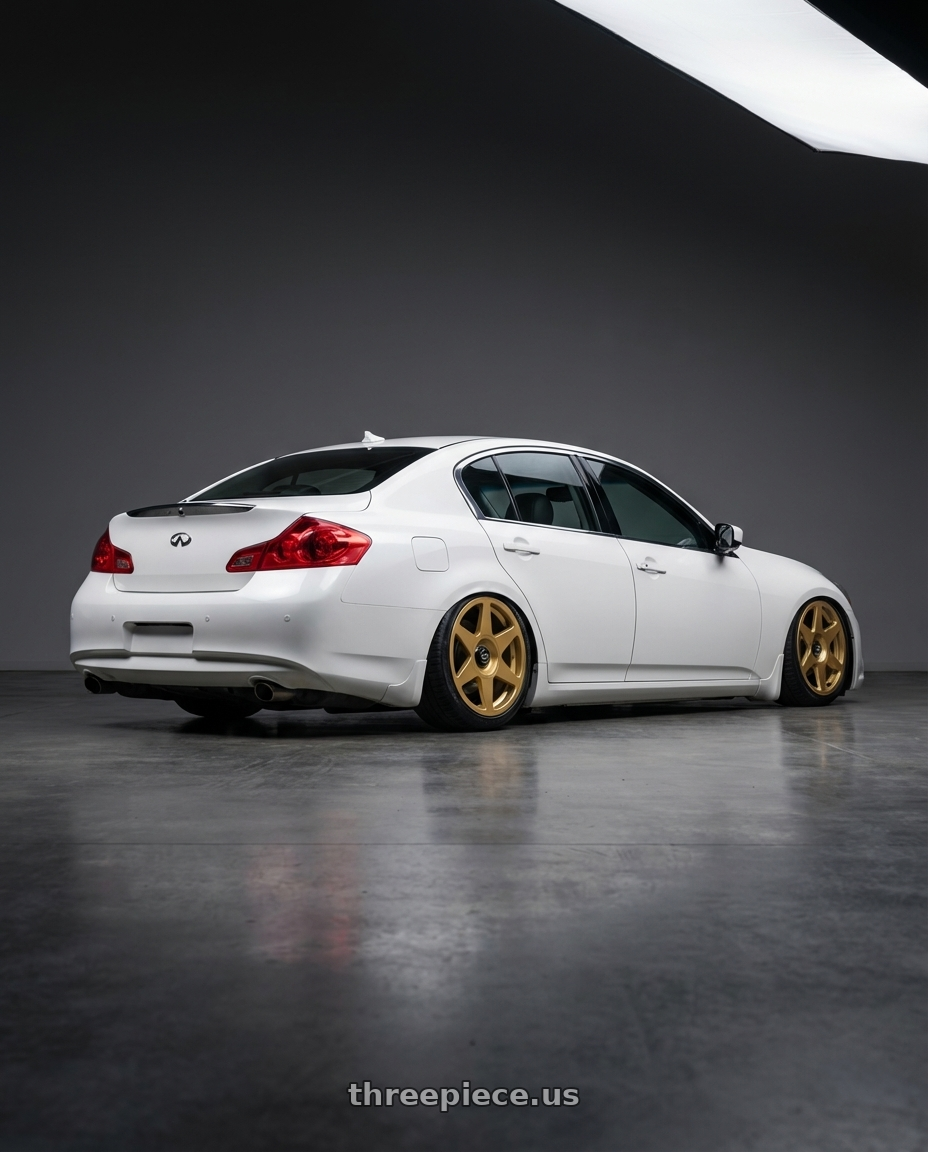 2012 Infiniti G37 with fifteen52 TARMAC EVO 5x114.3 / 5x120 19x8.5 +35 GOLD (GLOSS GOLD) wheels rear three quarter view slight stretch tires