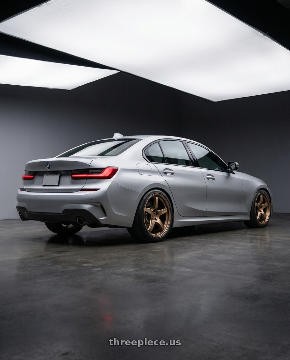 2023 BMW 3 Series G20 with Gram Lights 57CR 5x112 19x10.5+35 Bronze II wheels rear three quarter view square tires