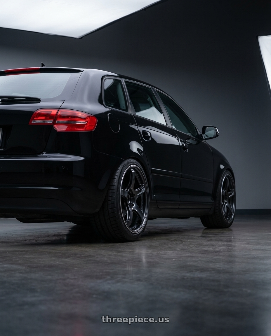 2012 Audi A3 8P with Advan Racing TC4 5x112 18x7.5 +42 BLACK GUNMETALLIC & RING wheels rear three quarter view square tires