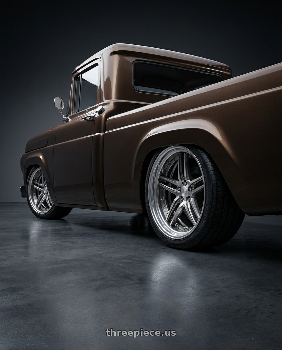 1960 ford f100 with Work Gnosis Gr205 5x114.3 20x9.5+45 H Disk Buff Finish wheels rear three quarter view square tires