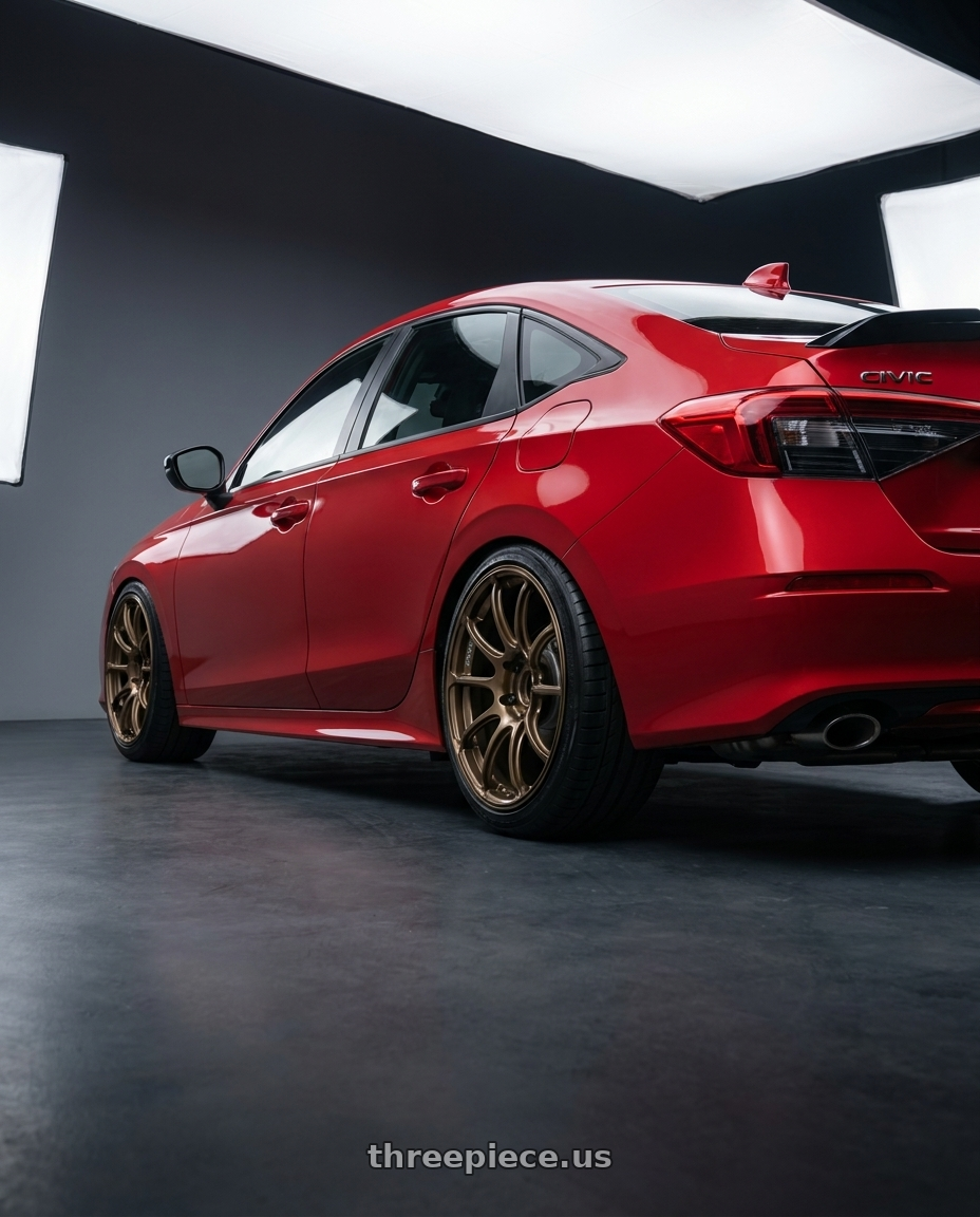 2026 Honda Civic Si with Advan Racing RZII 5x114.3 18x9.5 +35 RACING BRONZE wheels rear three quarter view slight stretch tires