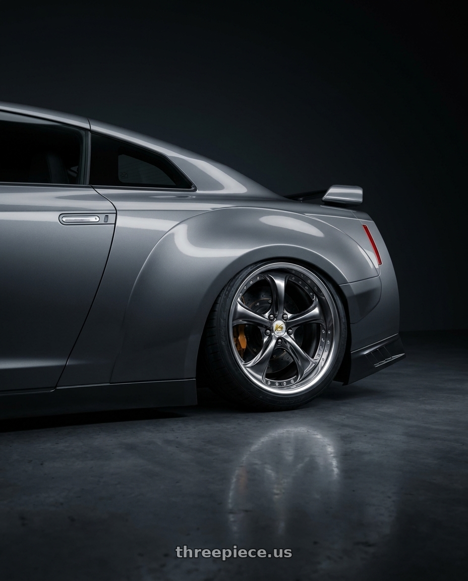 2020 Nissan gtr with Work Wheels VS-KF 5X114.3 19x7.5+40 Brilliant Silver Black O Disk FULL REVERSE wheels rear three quarter view slight stretch tires
