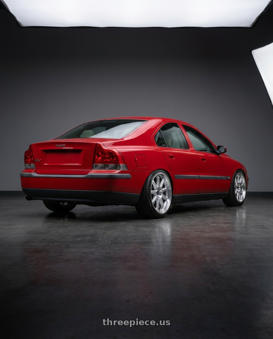 2002 Volvo s60 2.4t with Vors SP2 5x108 18x8.5 +35 Silver Machined Face wheels rear three quarter view slight stretch tires