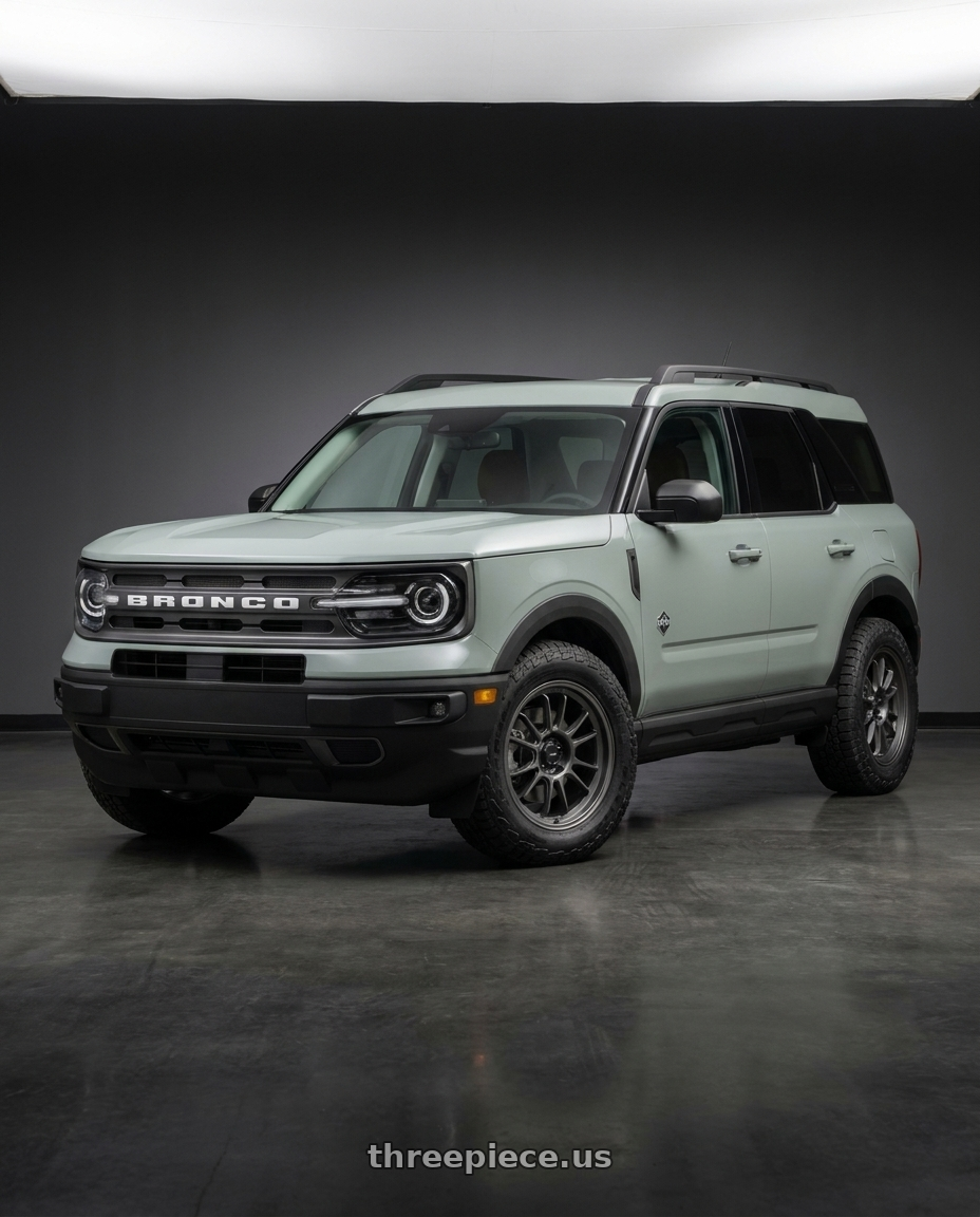 2025 Ford Bronco Sport Outer Banks with Konig Hypergram 5x108 18x8.5+43 Matte Grey wheels front three quarter view stock stance