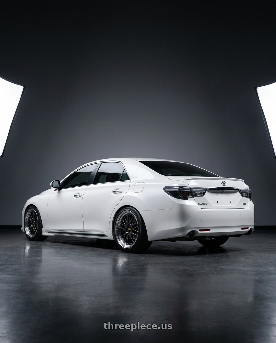 2014 Toyota Mark X with BBS LM 5x114.3 18x8.5+38 Diamond Black wheels rear three quarter view square tires