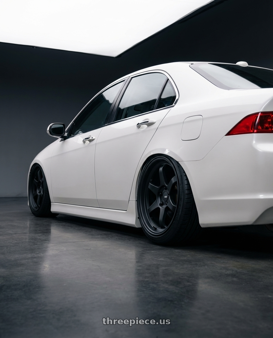 2005 Acura Tsx  with Enkei Cyclone 6x139.7 18x9+0 Matte Black wheels rear three quarter view slight stretch tires