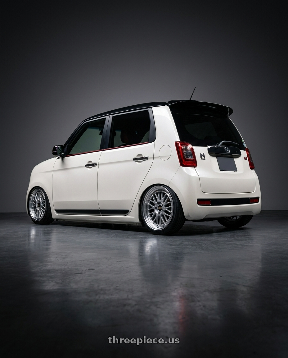 2021 Honda n one rs jg3 with BBS LM 4x100 17x7.5+40 Diamond Silver wheels rear three quarter view slight stretch tires