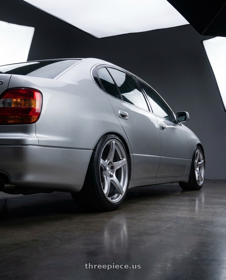 2003 lexus gs 430 silver with Work Emotion T5r 5x114.3 18x8.5 +45 Glow Silver wheels rear three quarter view slight stretch tires