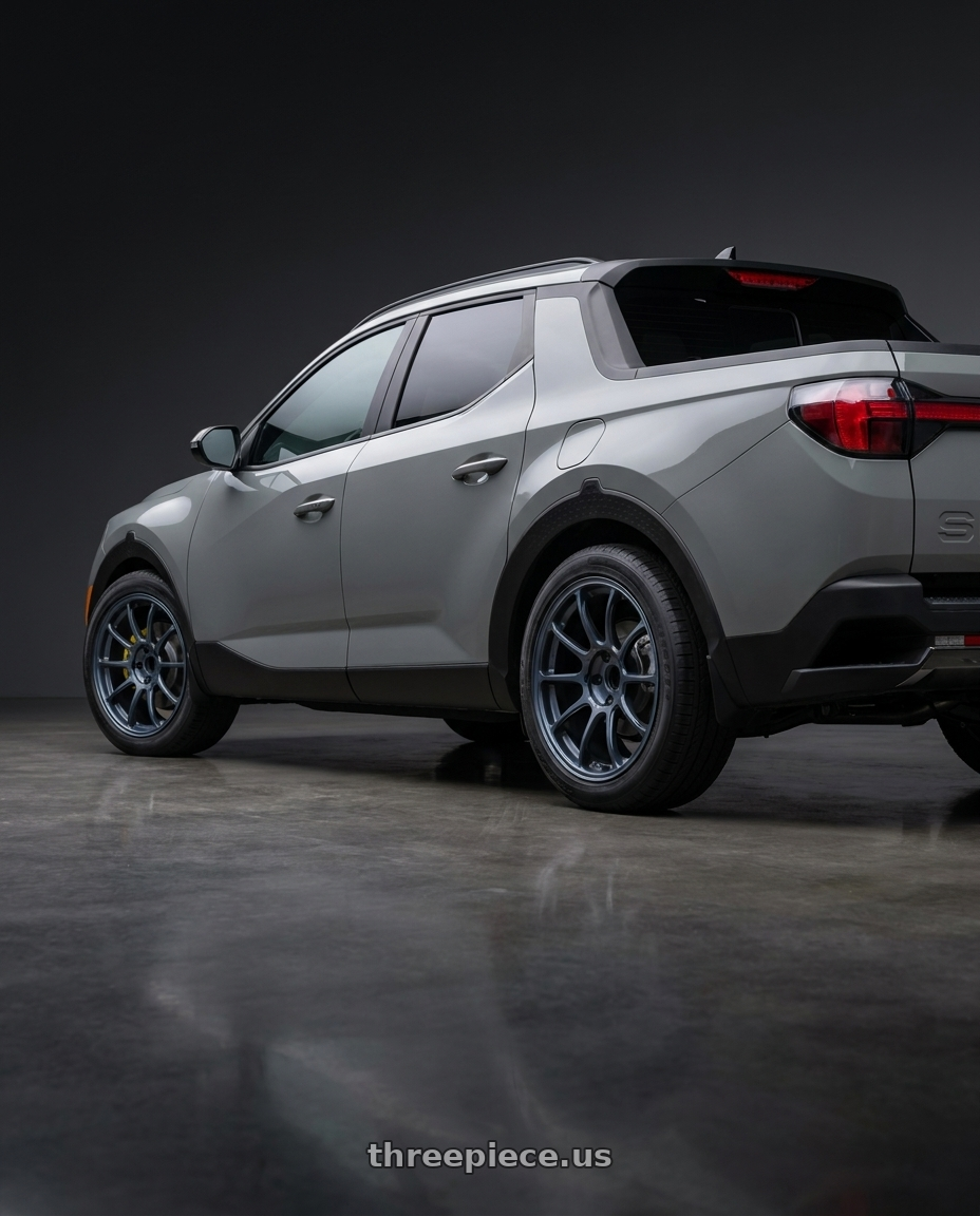 2022 Hyundai Santa Cruz with Volk Racing ZE40 5x114.3 18x8.5+42 Matte Blue Gunmetal wheels rear three quarter view square tires