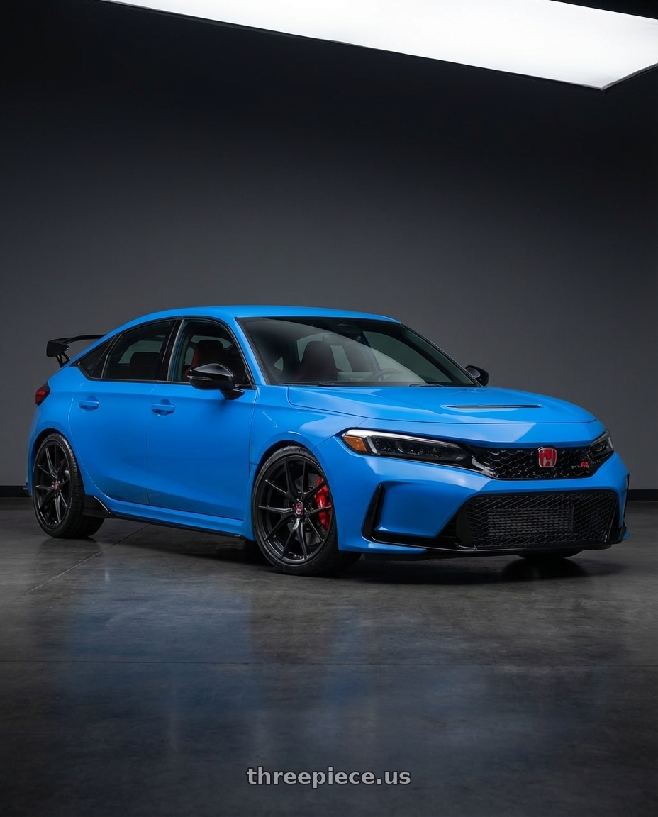 2020 Honda Civic Type R with Konig Oversteer 5x120 19x9.5+35 Gloss Black wheels front three quarter view lowered stance