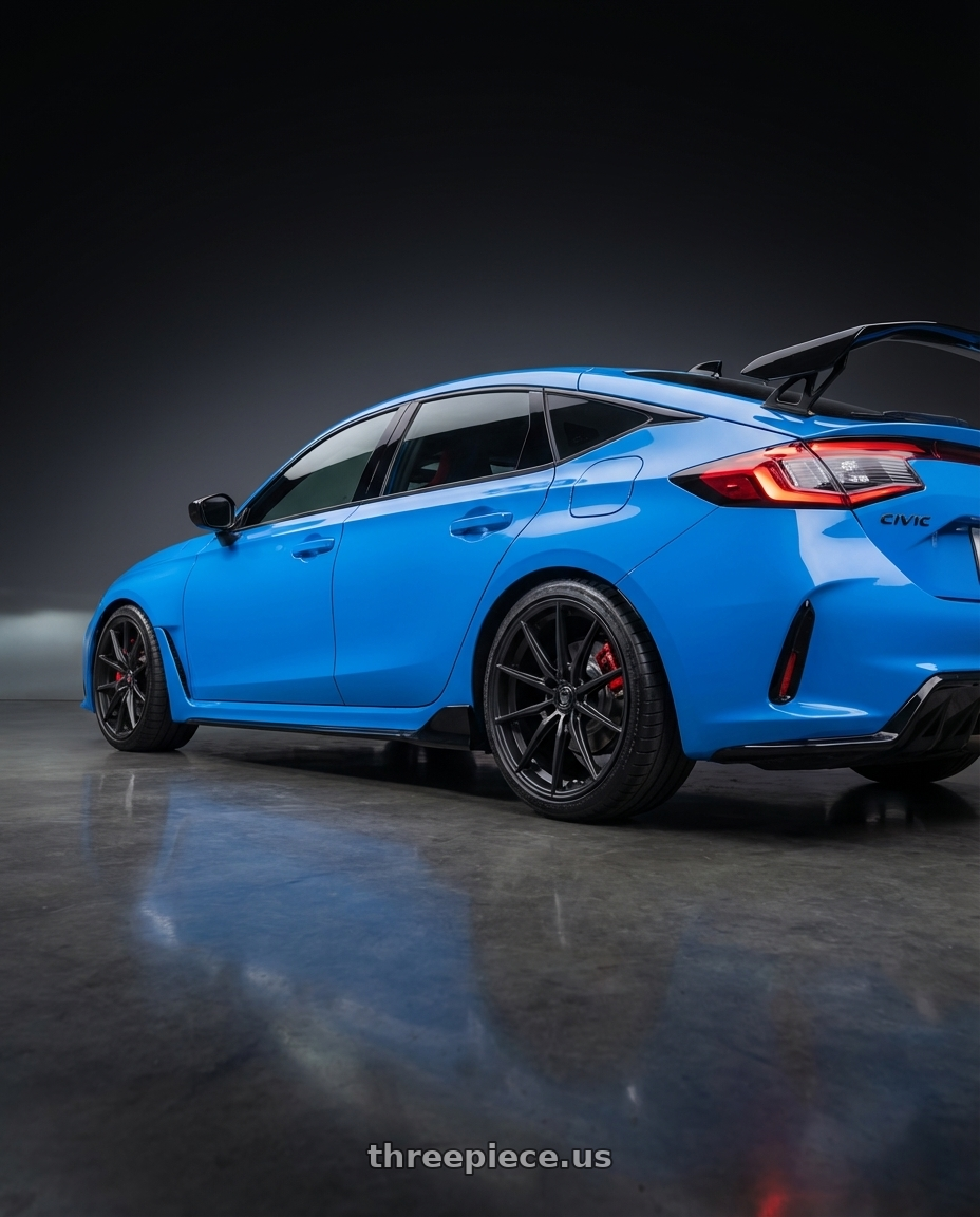2020 Honda Civic Type R with Konig Oversteer 5x120 19x9.5+35 Gloss Black wheels rear three quarter view square tires