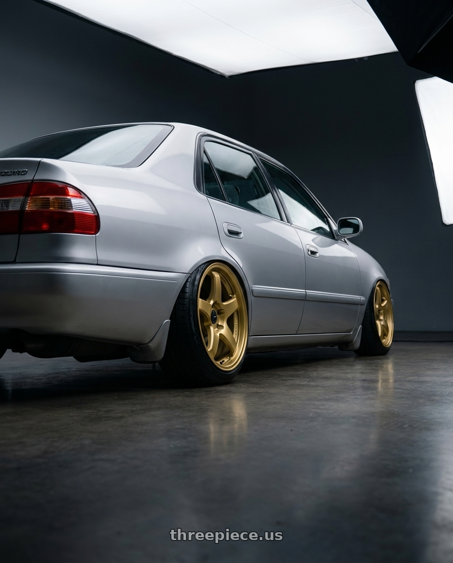 1999 Corolla ae110 with Enkei PF05 4x100 15x8+25 Gold wheels rear three quarter view slight stretch tires
