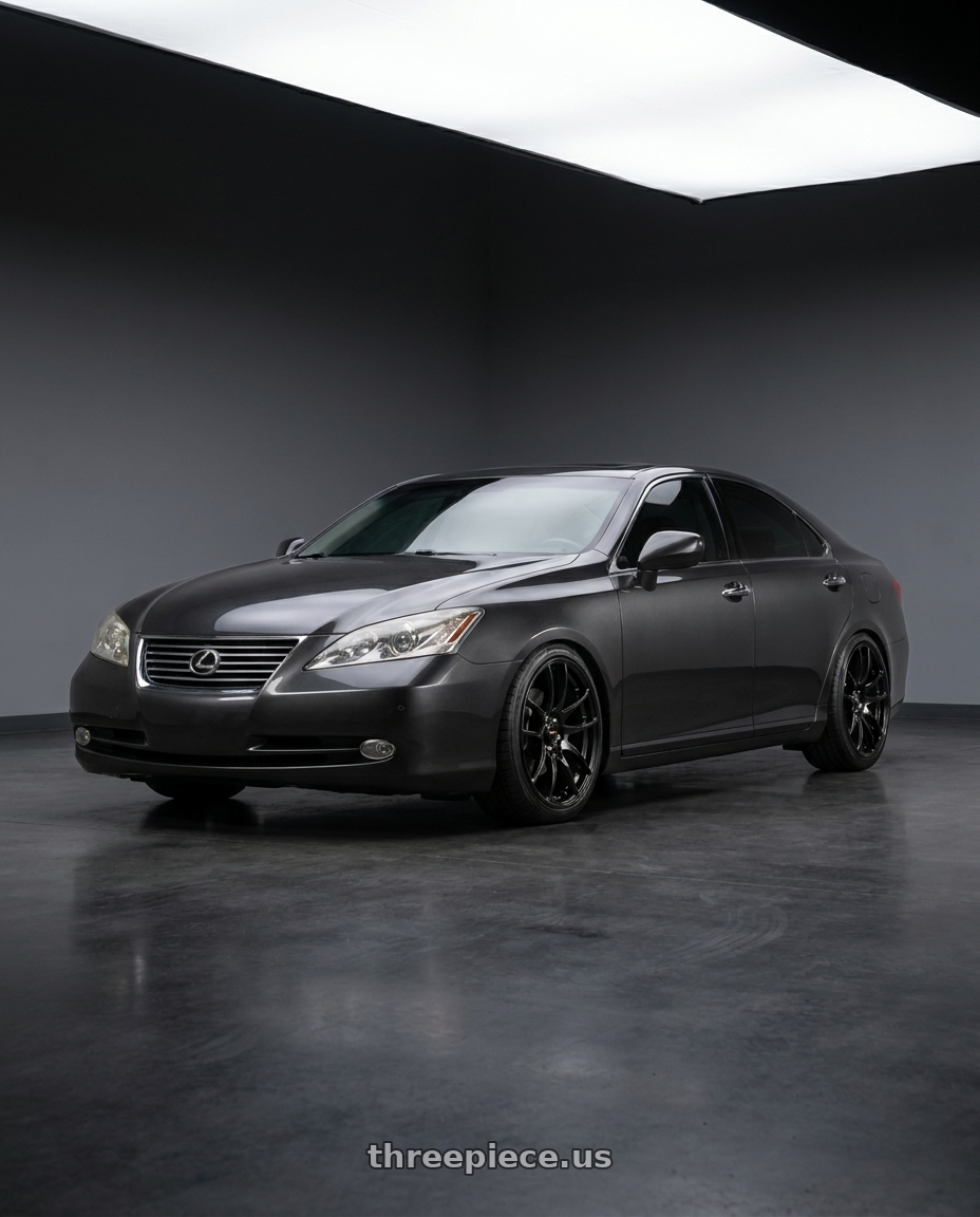 2008 Lexus ES350 with Vors TR4 5x114.3 18x8.5  +35 Gloss Black wheels front three quarter view lowered stance