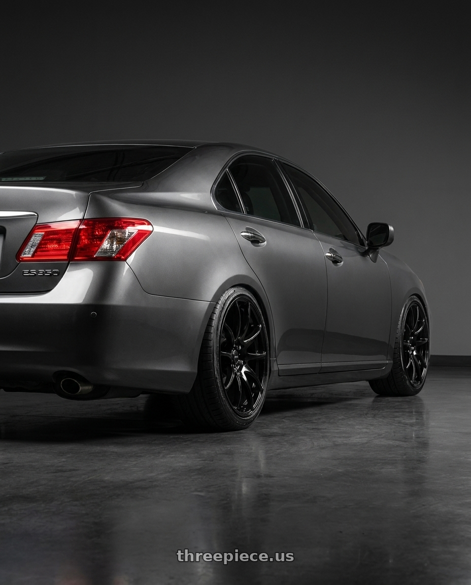 2008 Lexus ES350 with Vors TR4 5x114.3 18x8.5  +35 Gloss Black wheels rear three quarter view slight stretch tires