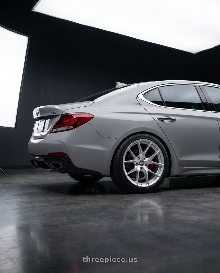 2019 Genesis g70 himalayan grey with ESR Wheels FORGETECH SERIES RF2 5x100 18x8.5 +30 Hyper Silver wheels rear three quarter view meaty tires
