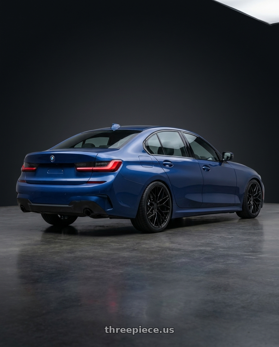 2021 BMW G20 3 Series with Avant Garde Wheels M520R 5X112 19x8.5 +35 Gloss Black wheels rear three quarter view square tires