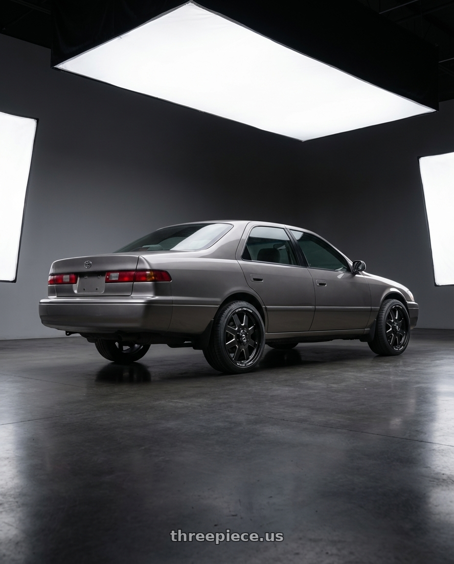 1992 Toyota camry with Fuel Mono DE09 FF09D 10X225 20X8.25 +105 MATTE BLACK MILLED wheels rear three quarter view slight stretch tires