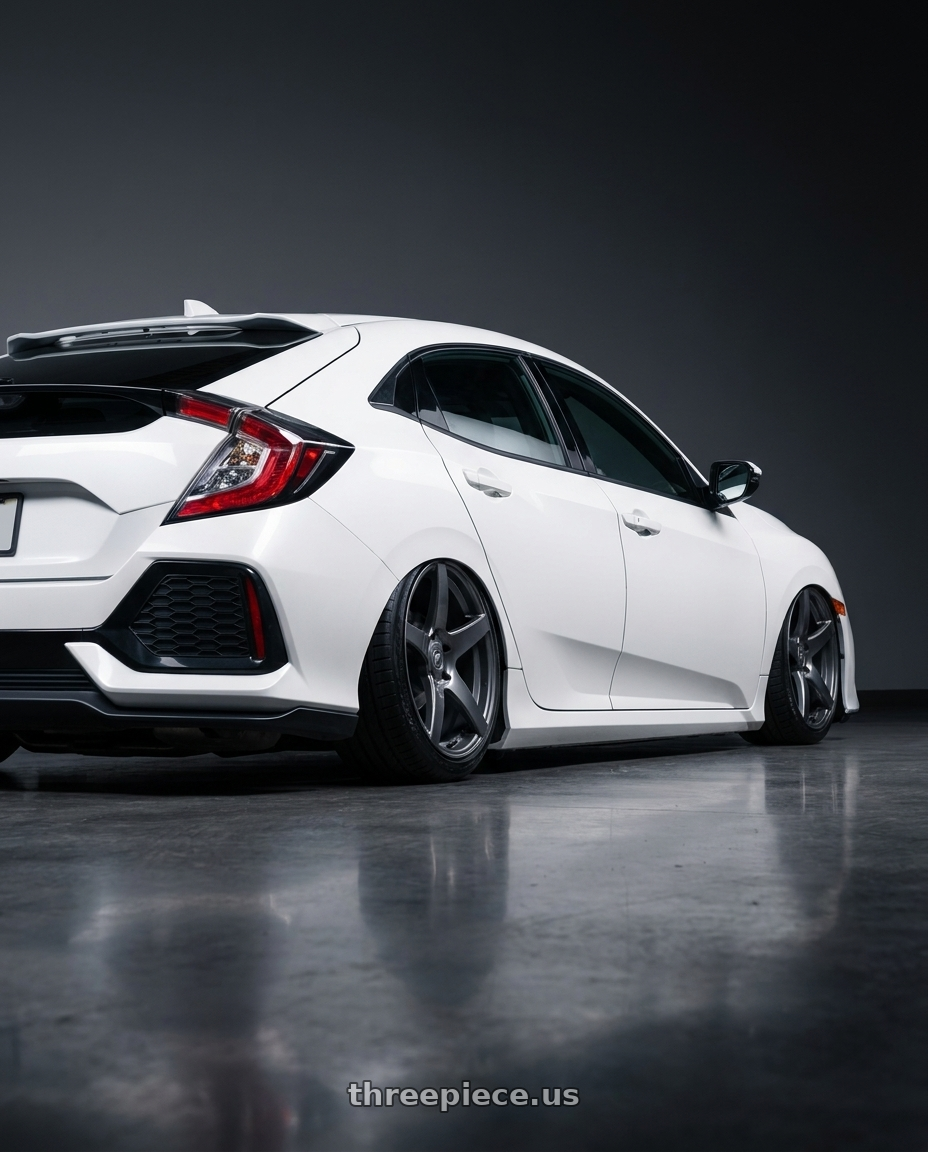 2019 Honda Civic with Forgestar CF5 5x114.3 18x10 +42 Gloss Anthracite wheels rear three quarter view slight stretch tires