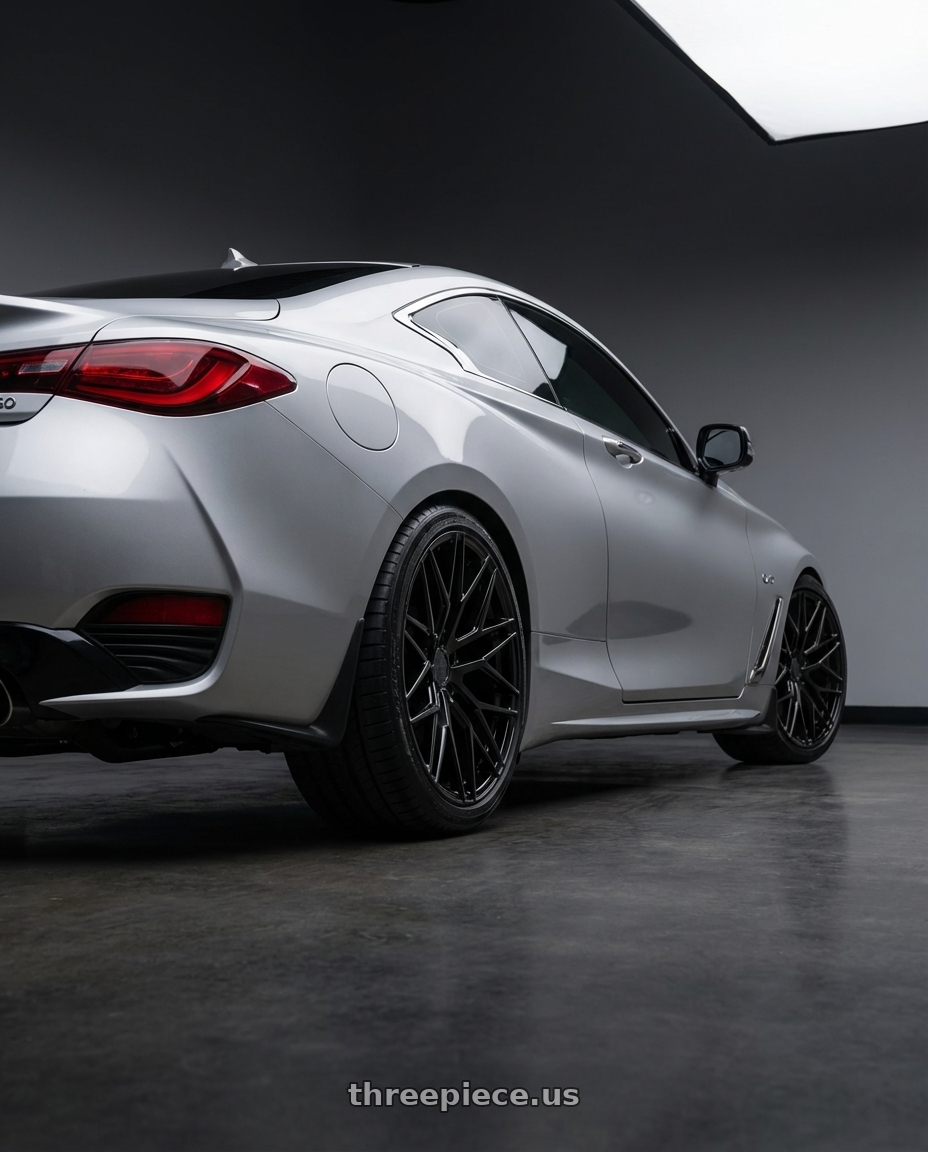 2020 Infiniti Q60 with Avant Garde Wheels M520R 5X114.3 19x9.5 +40 Gloss Black wheels rear three quarter view square tires