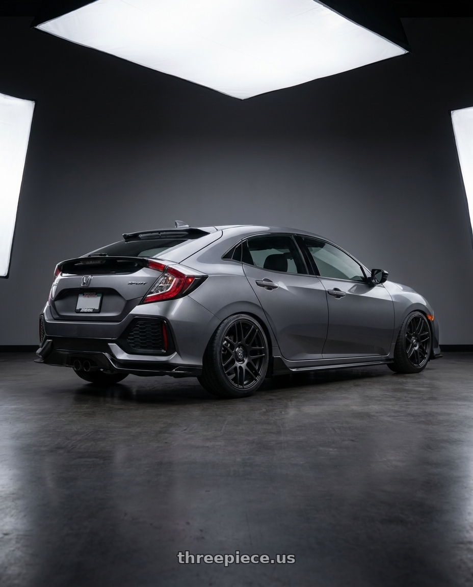 2018 Honda civic hatchback sport with Forgestar F14C 5x114.3 18x9.5 +35 Satin Black wheels rear three quarter view square tires