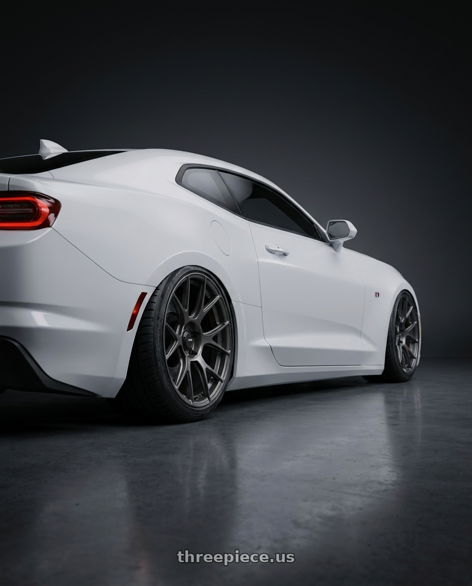 2022 Chevrolet Camaro with Konig Ampliform 5x120 20x8.5+45 Dark Metallic Graphite wheels rear three quarter view slight stretch tires