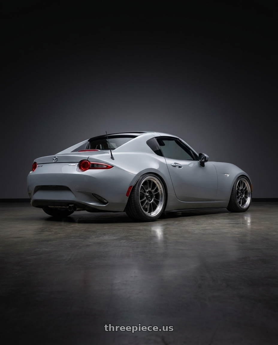 2025 mazda mx5 rf nd3 with Konig Hypergram 4x100 17x8+45 Metallic Carbon w/ Machined Lip wheels rear three quarter view square tires