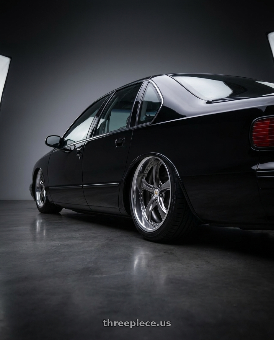 1996 Chevy impala ss with Work Wheels VS-KF 5X114.3 19x9-23 Brilliant Silver Black A Disk FULL REVERSE wheels rear three quarter view slight stretch tires