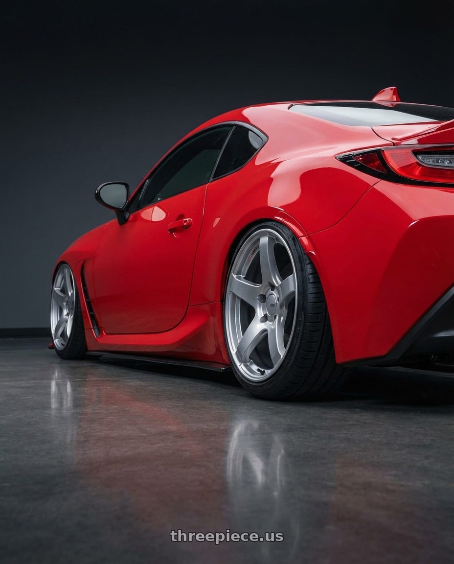 2024 Toyota GR86 with Ssr Gtv01 5x114.3 18x8+35  GLARE SILVER wheels rear three quarter view slight stretch tires