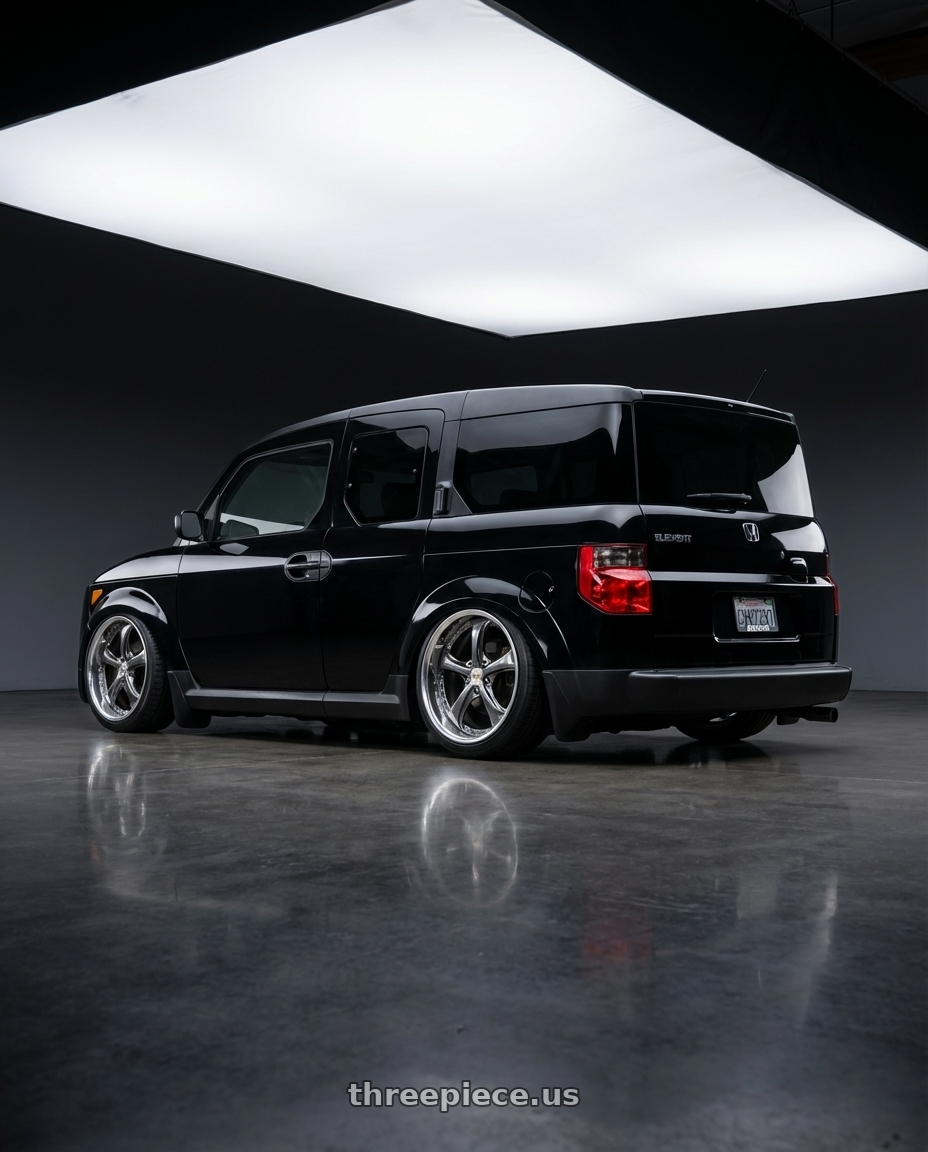 2010 Honda Element with Work Wheels VS-KF 5X114.3 19x9+33 Brilliant Silver Black R Disk FULL REVERSE wheels rear three quarter view slight stretch tires