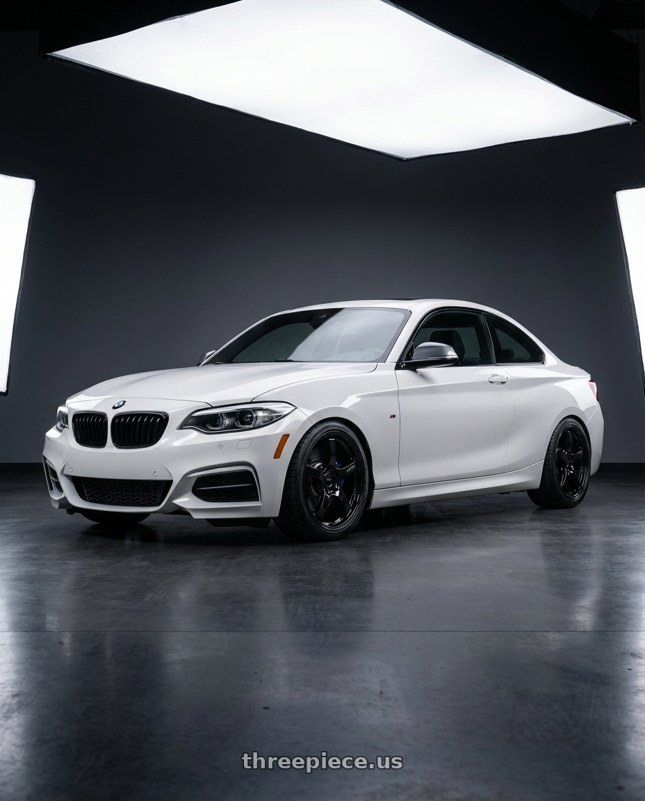 2018 BMW 2 Series F22 with Gram Lights 57CR 5x120 18x9.5+38 Glossy Black wheels front three quarter view lowered stance