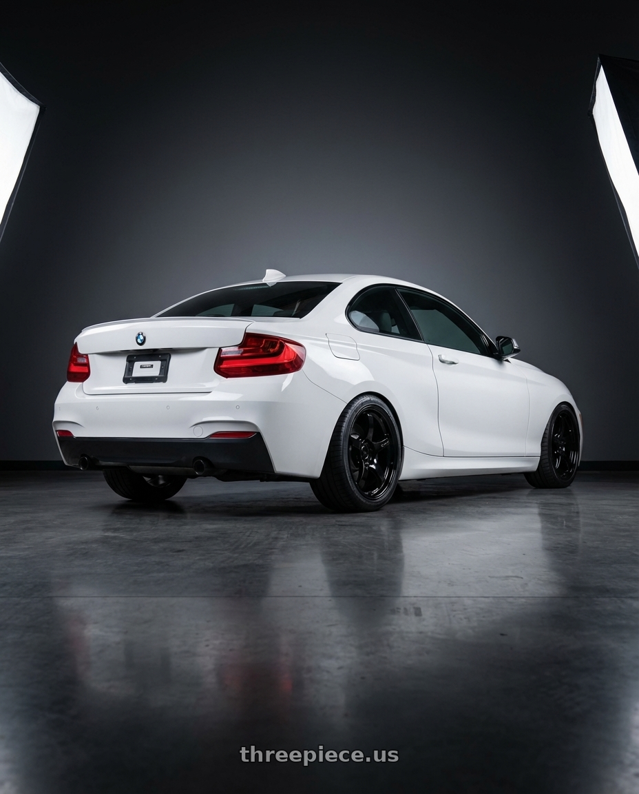 2018 BMW 2 Series F22 with Gram Lights 57CR 5x120 18x9.5+38 Glossy Black wheels rear three quarter view square tires