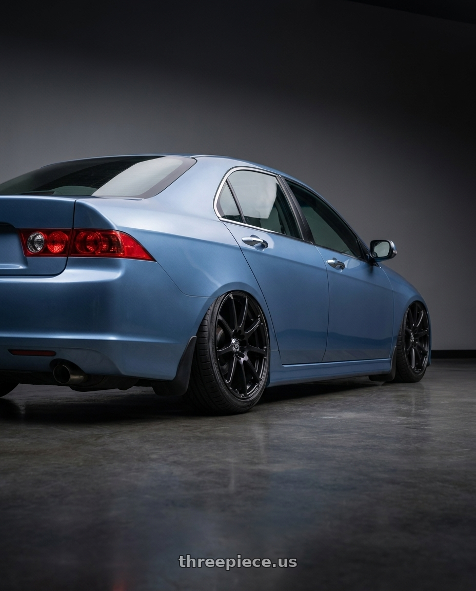 2005 Acura Tsx with Enkei EDR9 4x100/108 17x7+38 Black wheels rear three quarter view slight stretch tires