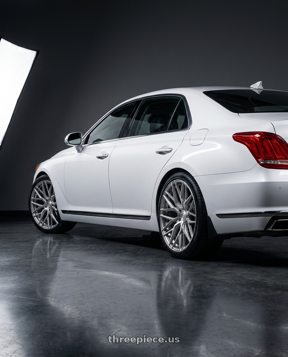 2018 genesis g90 ultimate with Rohana RFX10 5x114.3 20x9+35 Brushed Titanium wheels rear three quarter view square tires
